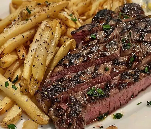 RIBEYE STEAK WITH FRENCH ONIONS AND FRENCH FRIES