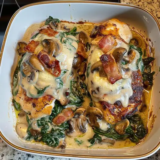 SMOTHERED CHICKEN WITH CREAMED SPINACH, BACON, MUSHROOMS