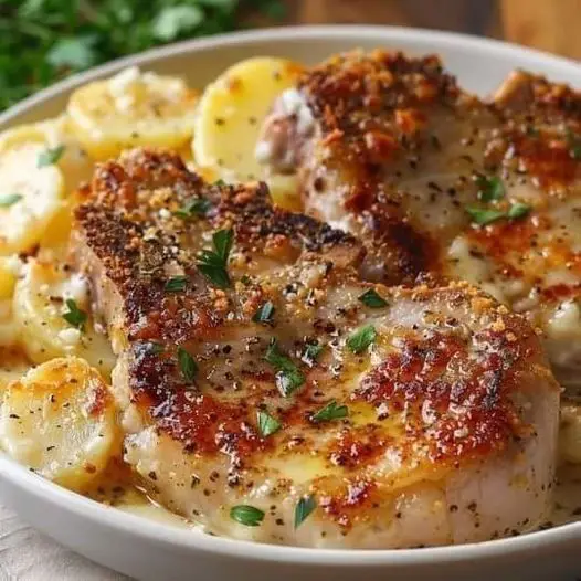 Garlic Parmesan Pork Chops with Cheesy Scalloped Potatoes