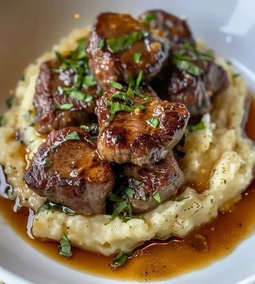 GARLIC BUTTER STEAK BITES AND MASH