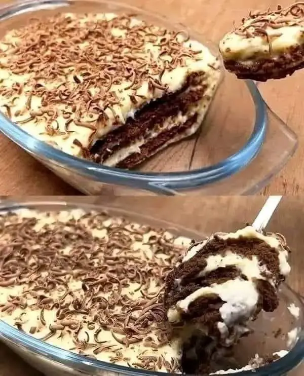 Chocolate Layered Dessert with Creamy Filling and Chocolate Shavings