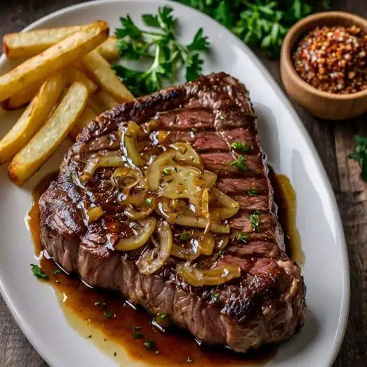 Ribeye Steak with French onions and French fries,