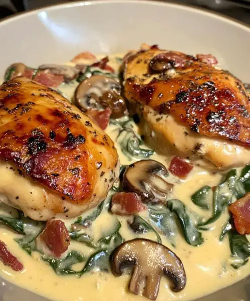 Smothered Chicken with Creamed Spinach, Bacon, and Mushrooms Recipe