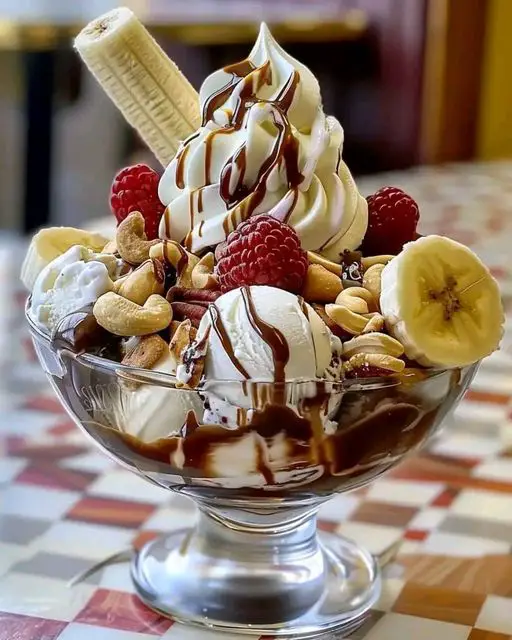 Cream Sundae with Banana Split and Nuts