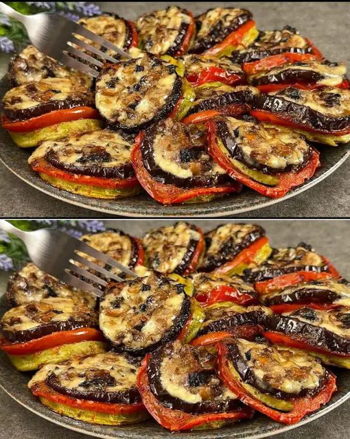 Baked Zucchini and Eggplant with Mushroom-Cheese Topping