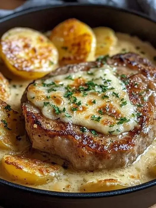 **Garlic Parmesan Pork Chops with Cheesy Scalloped Potatoes