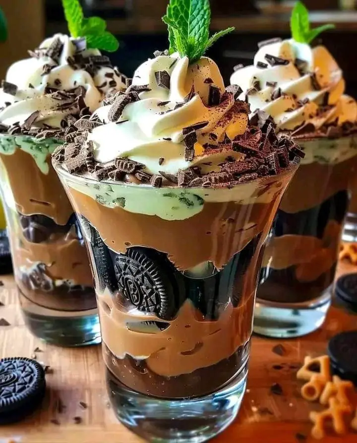 These Baileys Chocolate Mint Pudding Parfaits are a simple, flavorful, and refreshing dessert perfect for any celebration, combining layers of rich chocolate pudding, minty whipped topping, and crunchy Oreos.