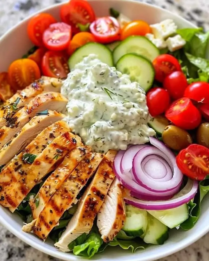 MEDITERRANEAN CHICKEN SALAD WITH CREAMY TZATZIKI