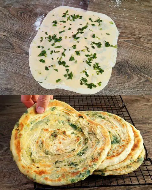 Layered Flatbread with Spinach and Green Onion Filling