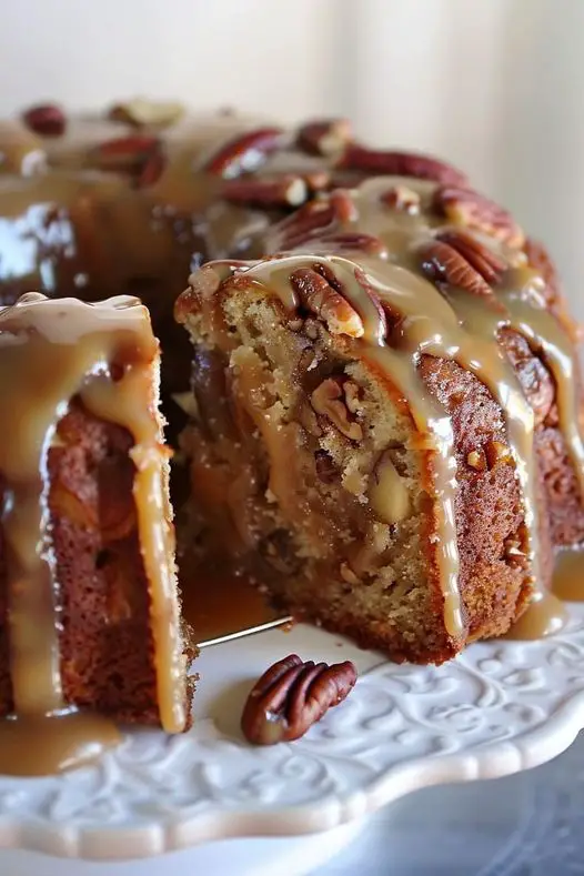 Apple Pecan Cake with Caramel Glaze