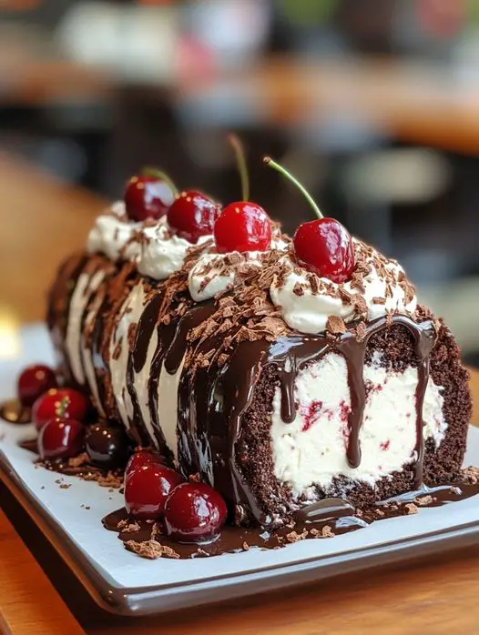 Elegant black forest roll cake