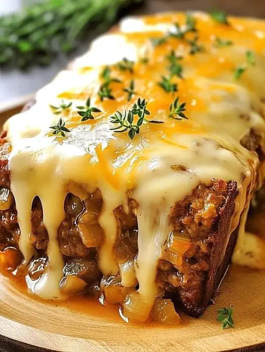 Crockpot French Onion Meatloaf with Melted Swiss Cheese