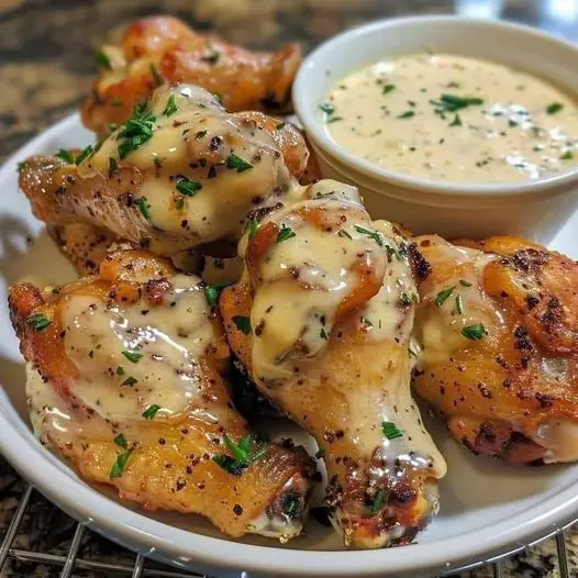 Chicken wings with a creamy garlic and parmesan sauce