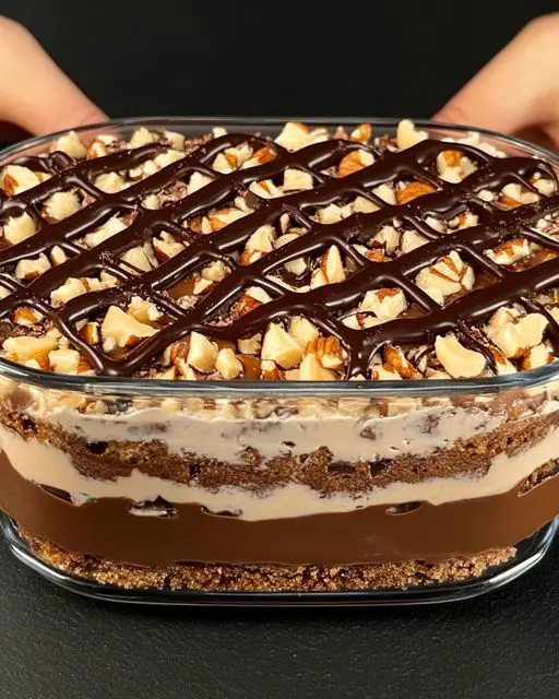 Chocolate Biscuit Layered Dessert with Walnut Topping