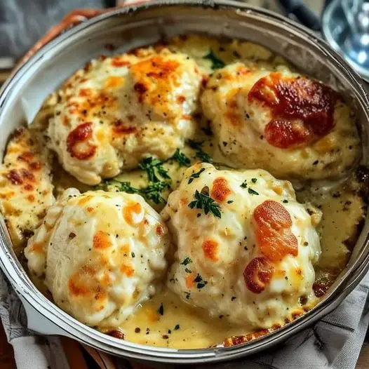 Recipe for a delicious chicken dish with a creamy and cheesy sauce