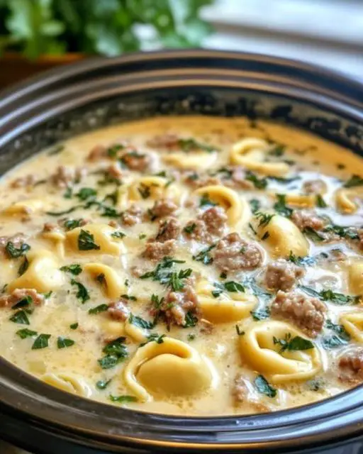 Creamy Tortellini Soup with Sausage (Slow Cooker Recipe)