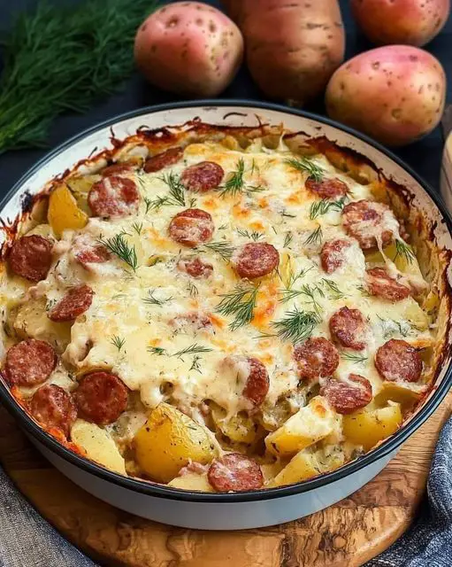 Baked Potato and Sausage Casserole with Creamy Dill Sauce