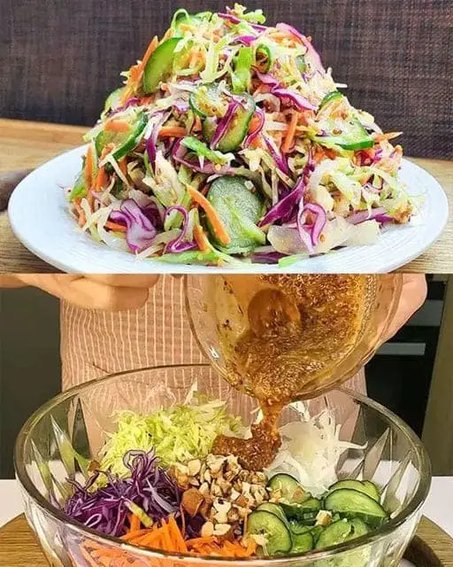 Crispy cabbage salad topped with a dressing