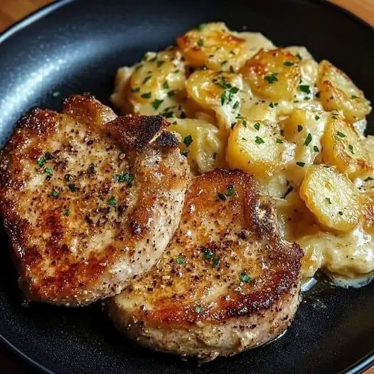 Garlic Parmesan Pork Chops with Cheesy Scalloped Potatoes