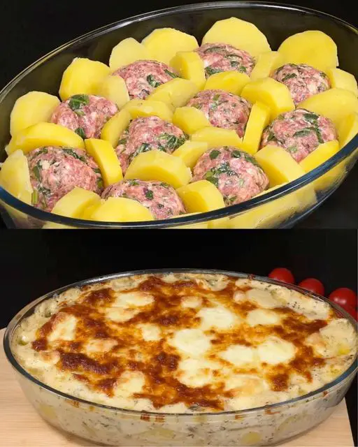 Baked Potato and Meat Casserole with Creamy Spinach and Mushroom Sauce