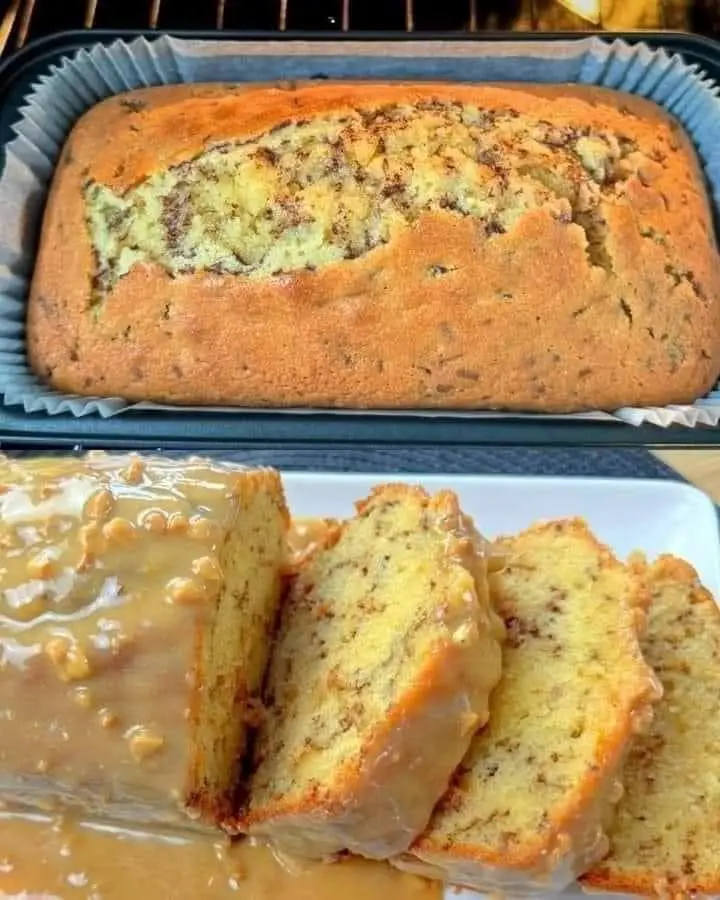 Recipe for Banana Bread with Caramel Glaze made with marble pattern.