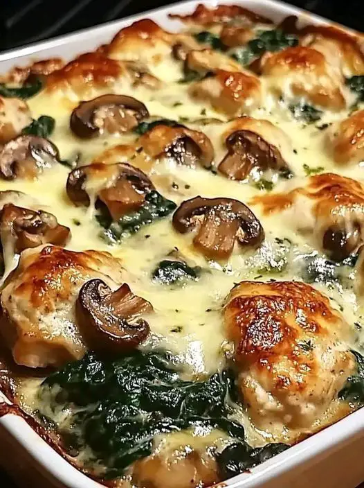 Creamy Chicken Casserole with Spinach, Mushrooms, and Melted Mozzarella