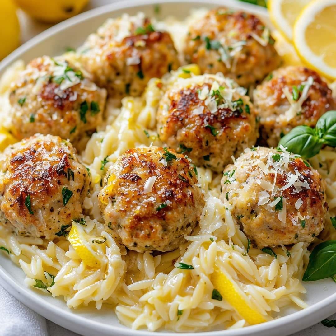 Lemon Garlic Chicken Meatballs with Creamy Orzo