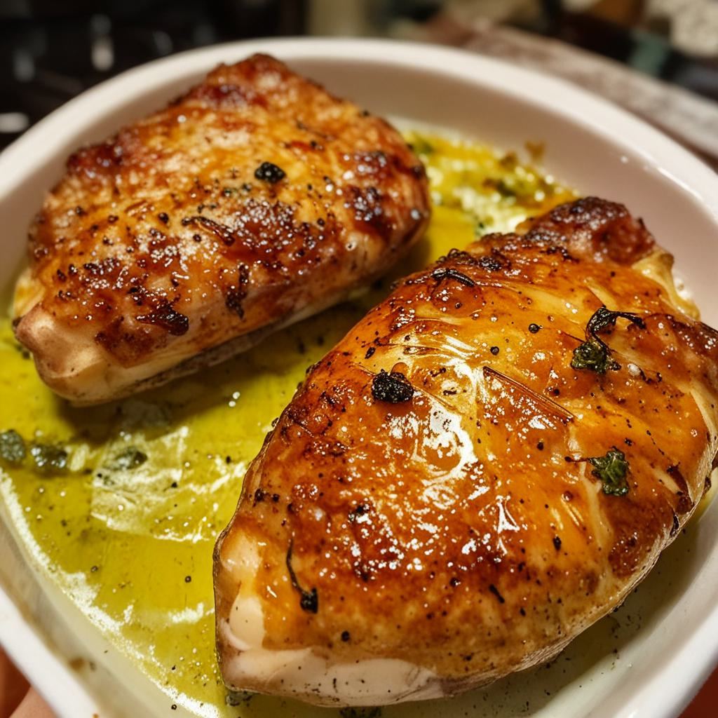 Chicken thighs cooked in the oven with a sweet garlic and honey glaze.