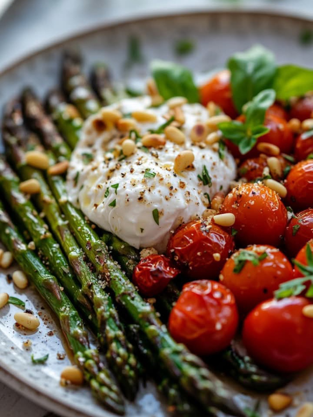 Roasted Asparagus and Cherry Tomatoes with Burrata and Pine Nuts