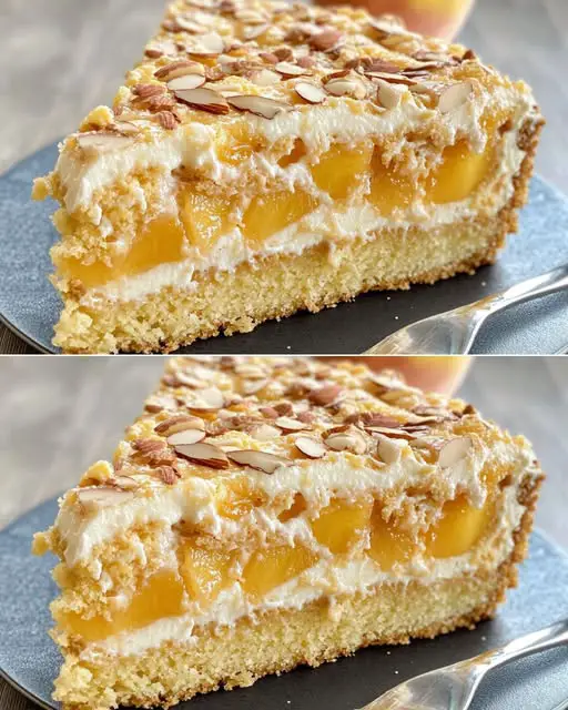 Elegant New Year’s Peach and Cream Layer Cake with Almond Topping