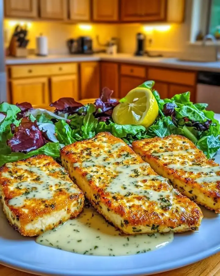 Flavorful Herb-Crusted Tofu Paired with Bright Lemon-Garlic Sauce