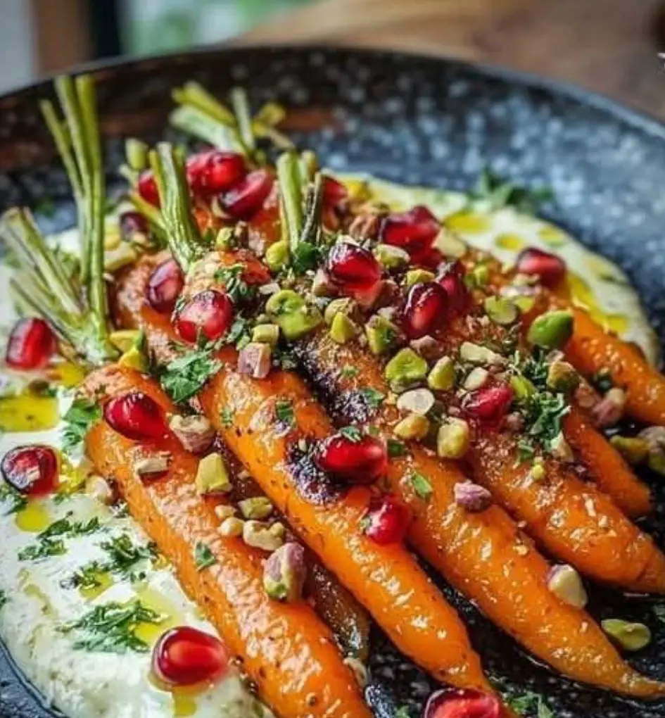 Maple Roasted Carrots with Whipped Feta, Pistachios, and Pomegranate Seeds