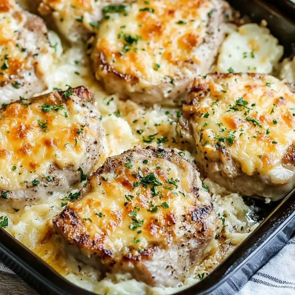 Garlic Butter Pork Chops with Cheesy Potato Bake