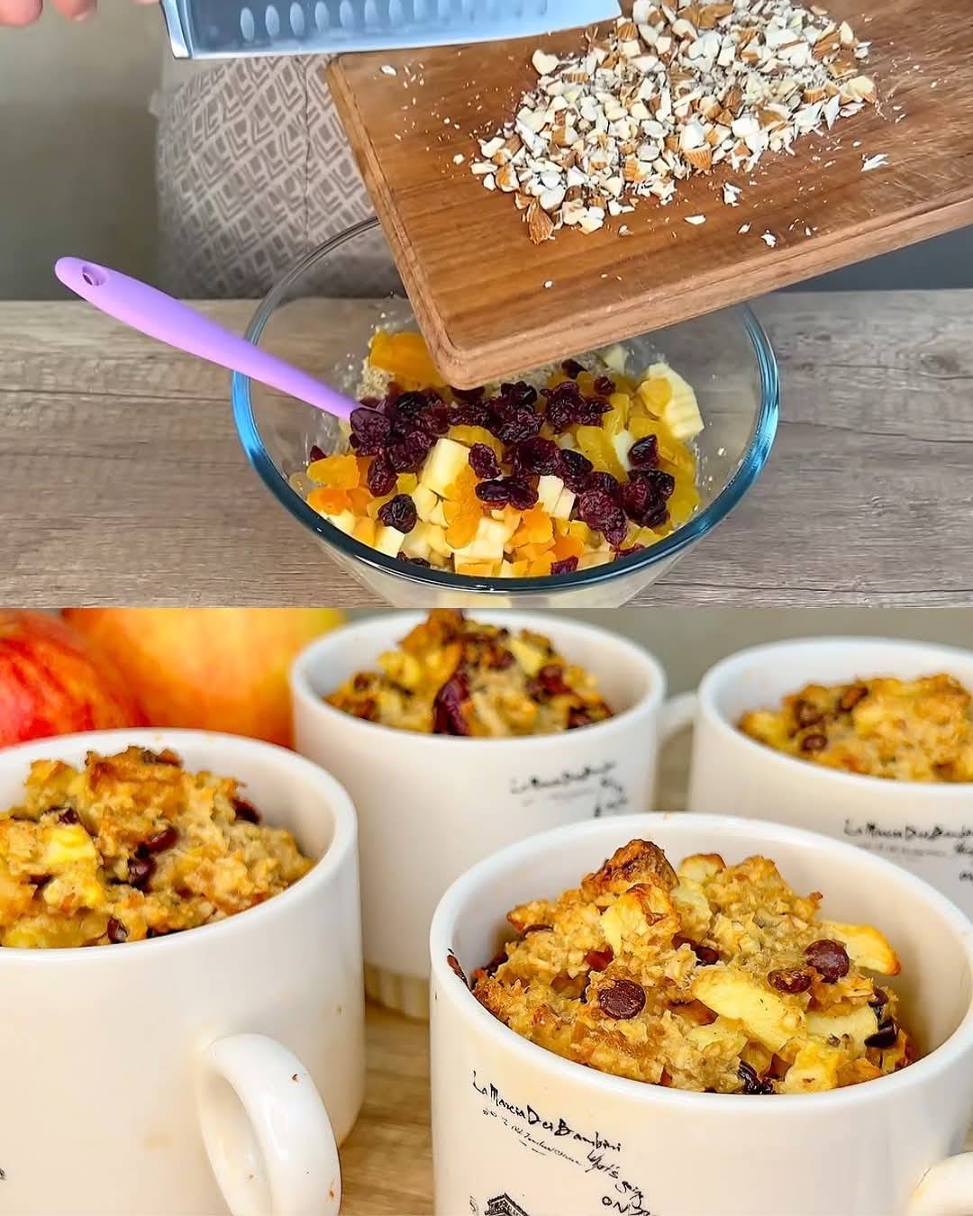 Oatmeal Apple Mug Cake with Dried Fruits and Chocolate Chips