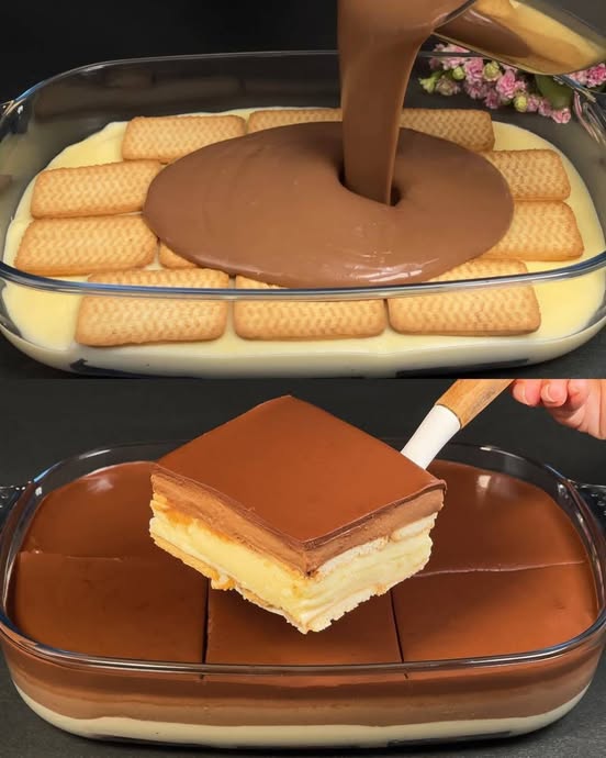 No-Bake Biscuit Pudding Cake with Vanilla and Chocolate Custard Cream