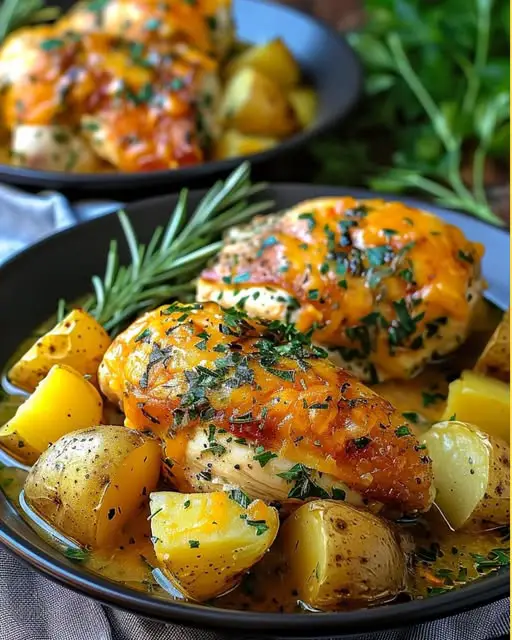 Slow Cooker Garlic Herb Chicken and Cheddar Potatoes