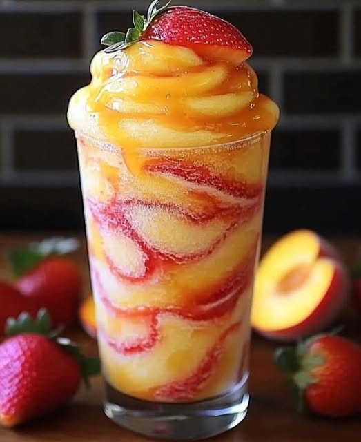 Fresh Peach Strawberry Swirled Slushies