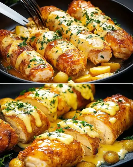 Chicken Roulade with Creamy Filling and Roasted Potatoes