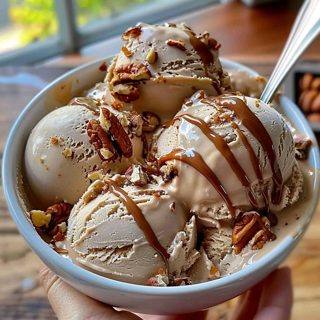 Coffee Ice Cream with Toasted Pecans and a Caramel Swirl