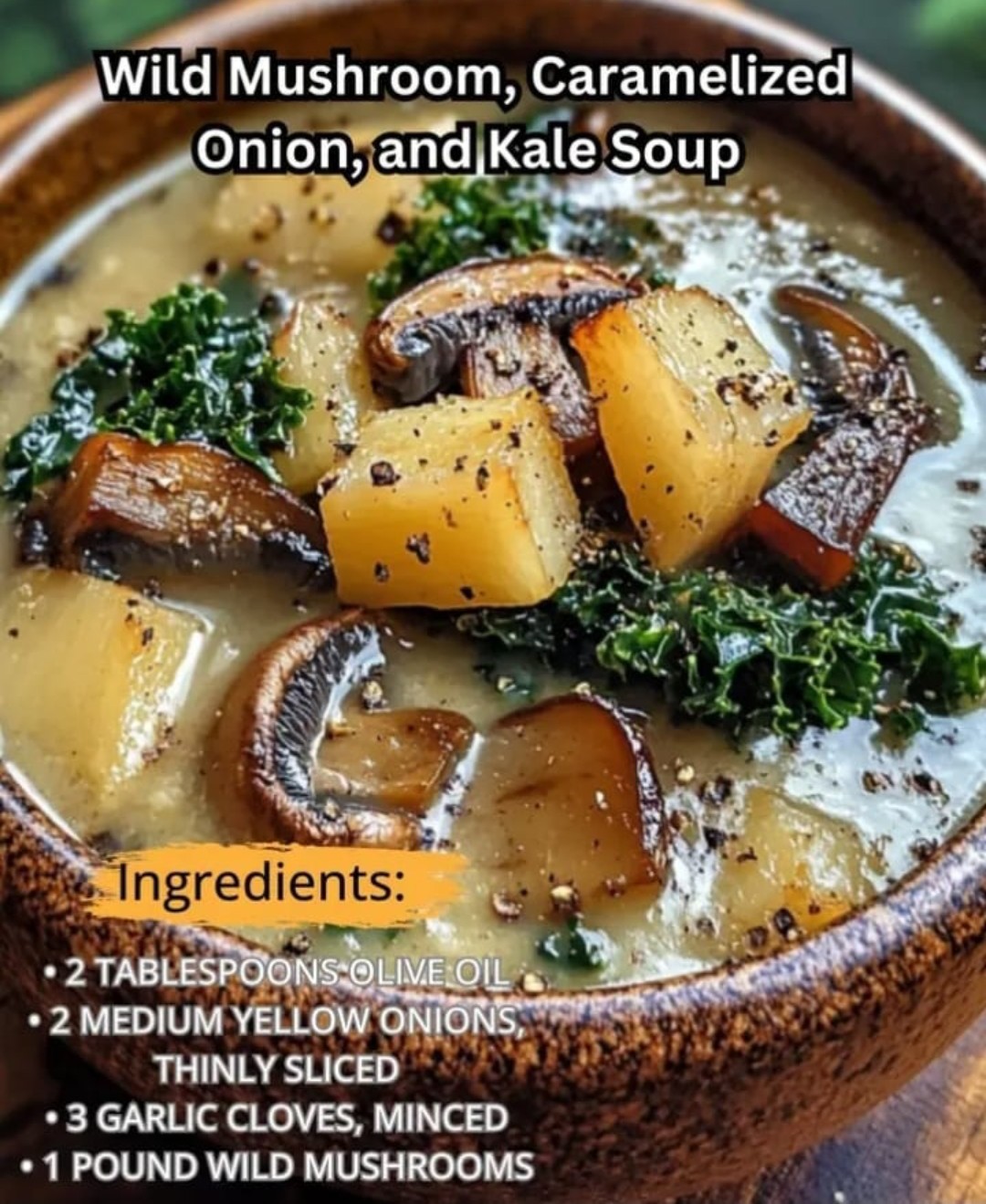 Wild Mushroom, Caramelized Onion & Kale Soup