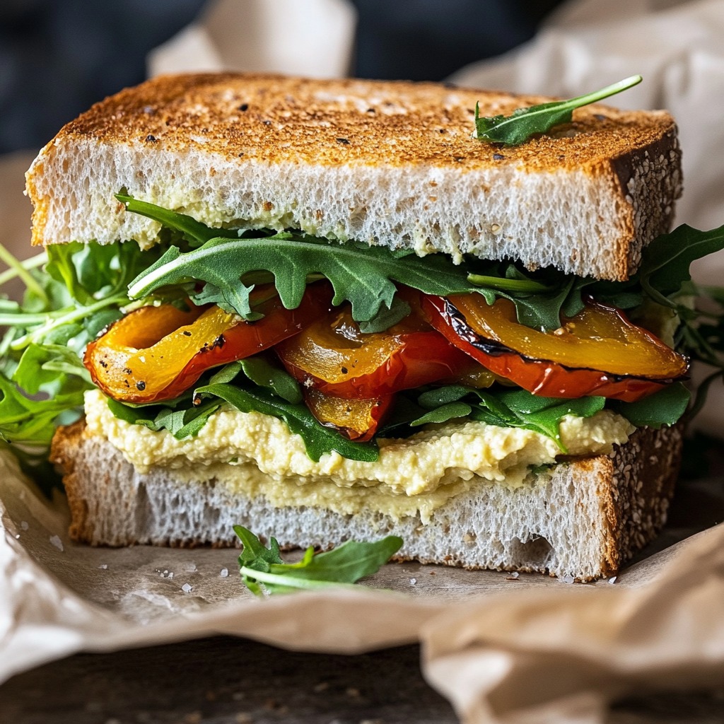 Vegetarian Hummus, Roasted Pepper, and Arugula Sandwich