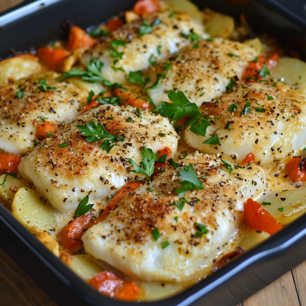 Cod Fillet with Lemon, Potatoes, Carrots, Red Peppers, Provençal Herbs, and Parmesan Cream in a Casserole 1 494435661 122217902072083266 8192804367517109374 n