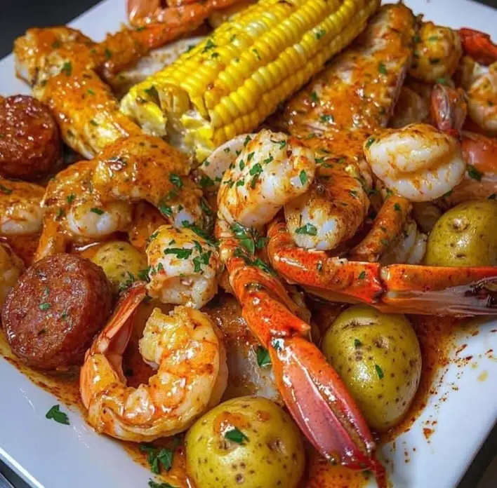 Seafood Boil Platter with Cajun Butter Sauce and Fresh Herbs