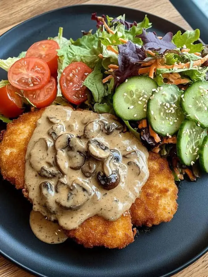 Crispy Chicken Schnitzel with Creamy Mushroom Sauce & Fresh Salad