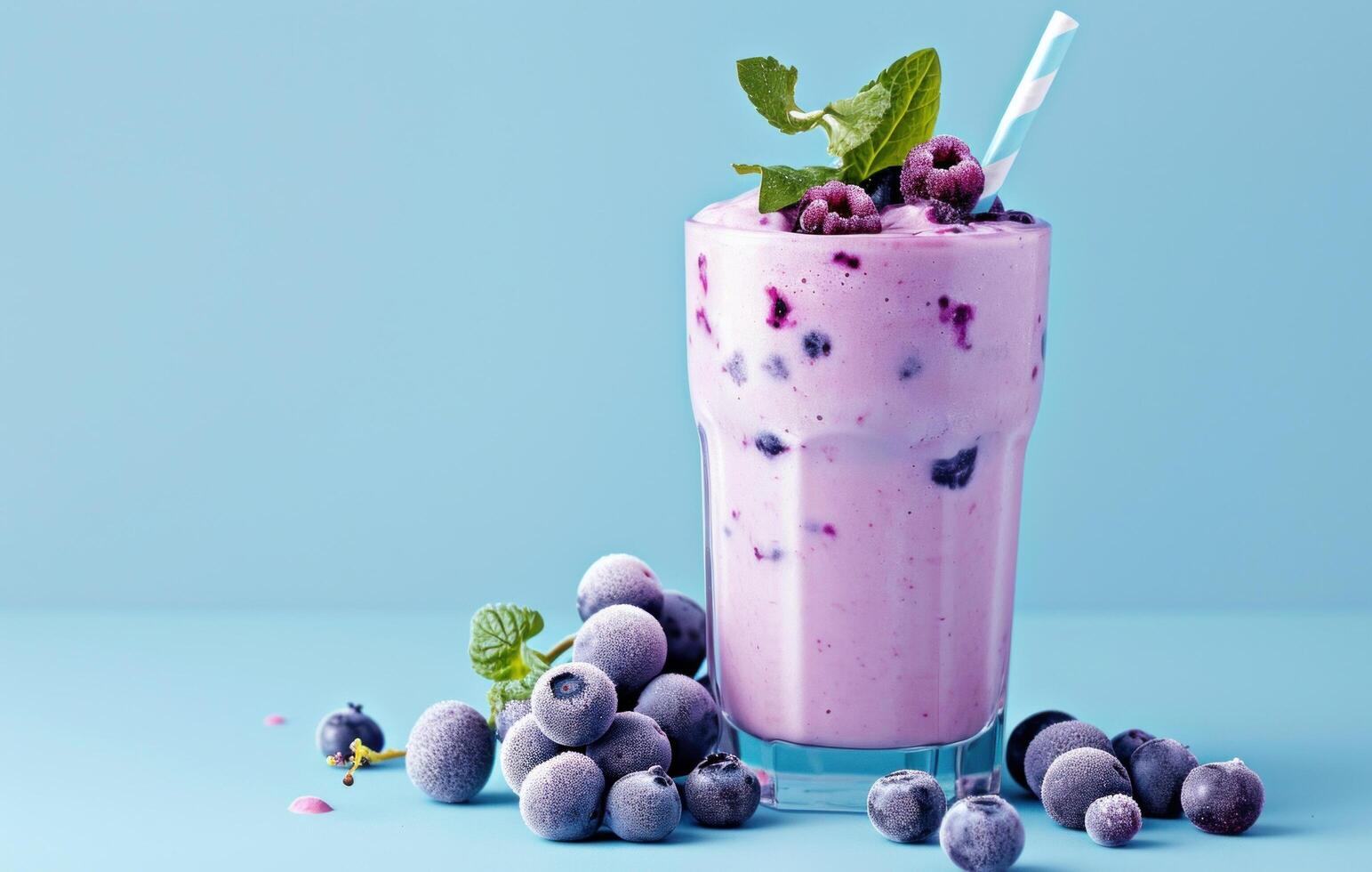 ai generated blueberry smoothie with blueberries and basil leaves on wooden table free photo
