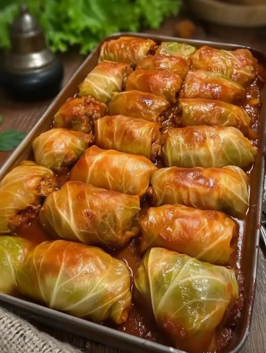 Stuffed Cabbage Rolls with Garlic Tomato Sauce & Cheese