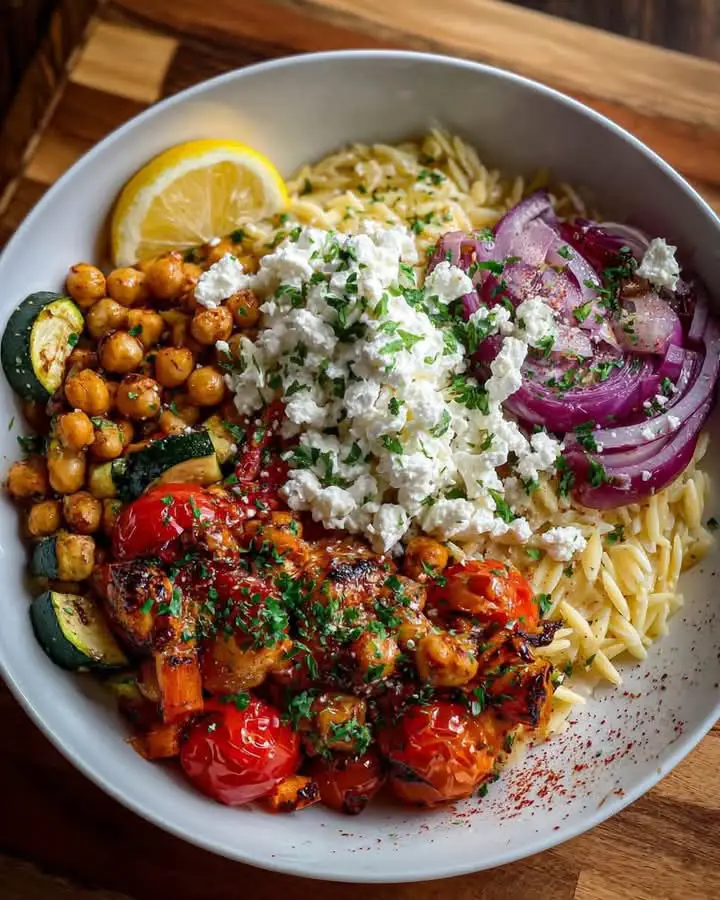 Chickpea Bowl with Feta, Orzo & Roasted Veggies