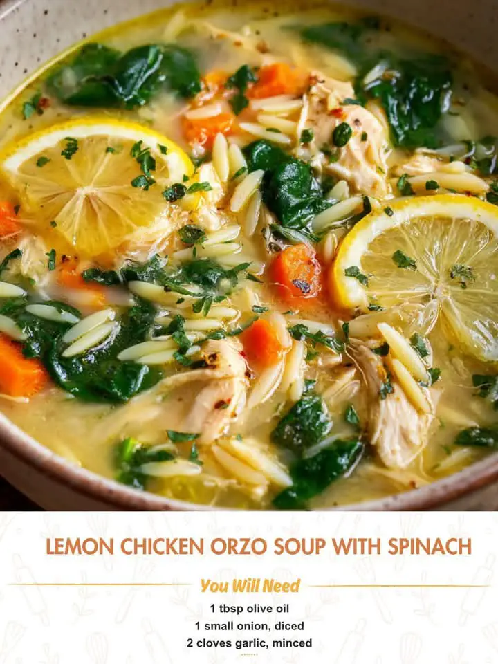 Mediterranean Lemon Chicken Orzo Soup with Spinach