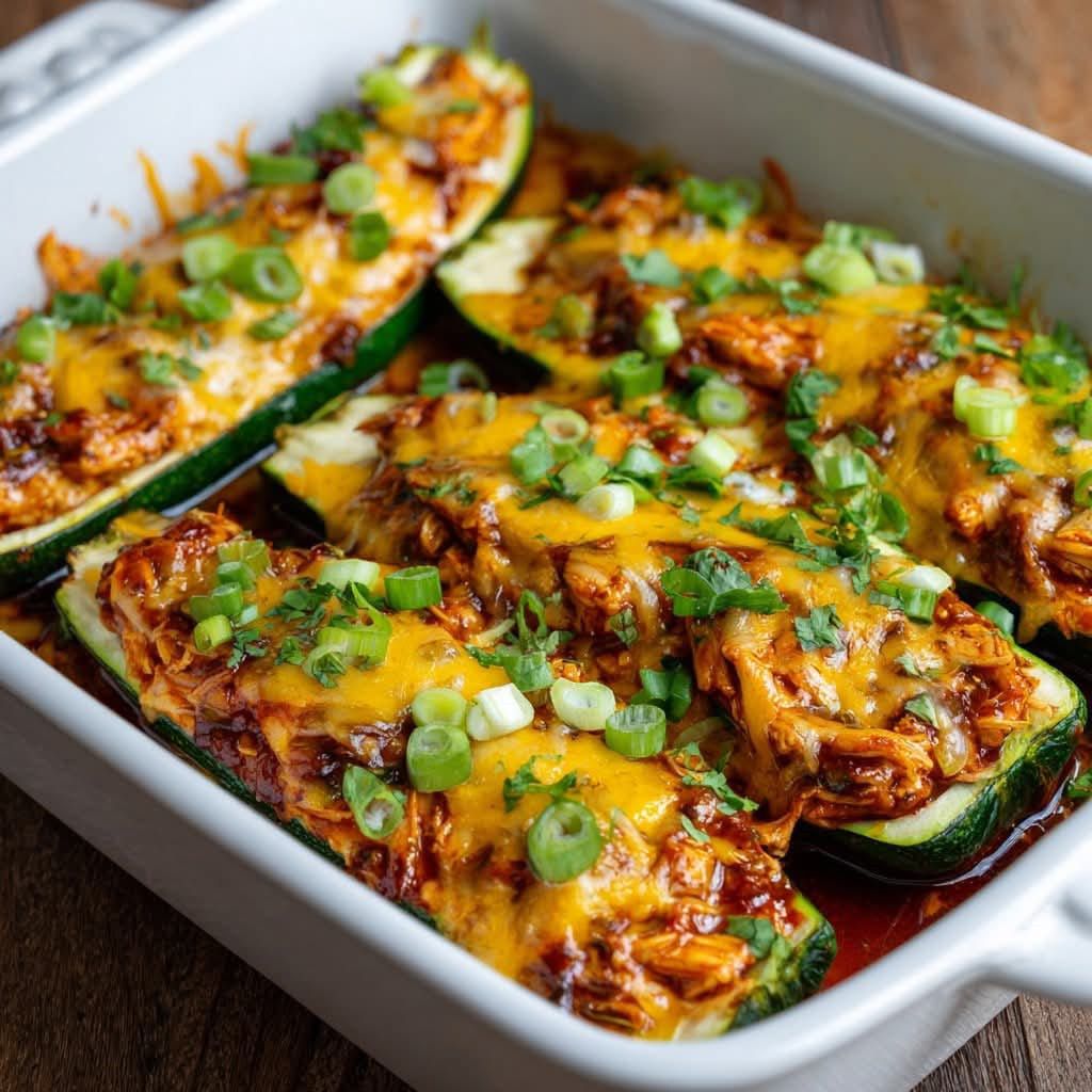 Mediterranean Chicken Enchilada Stuffed Zucchini Boats
